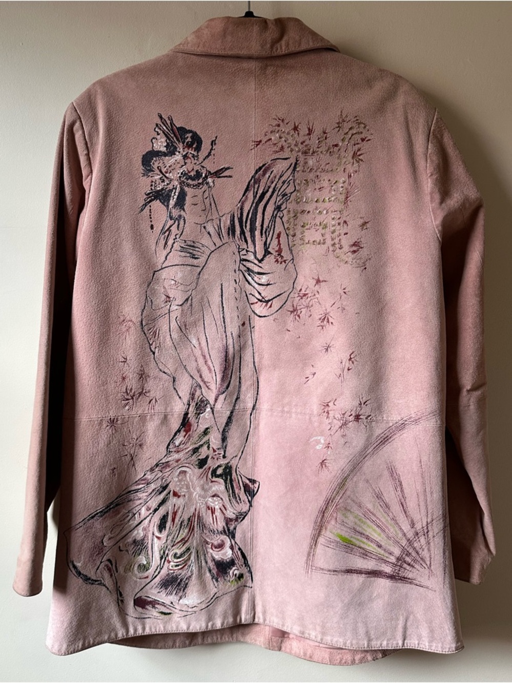 Pink Suede Geisha Asian Themed Handpainted Jacket